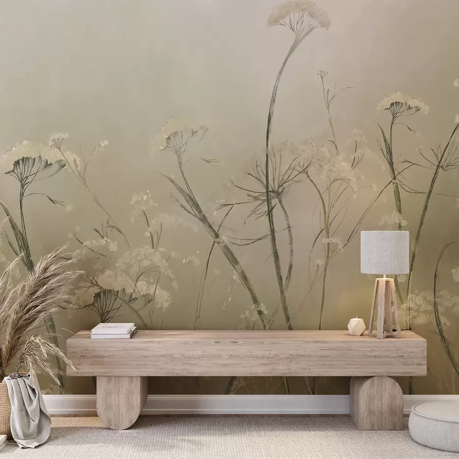murais de parede Flores silvestres brancas em um campo enevoado com fundo sépia suave e desfocado w00903v1