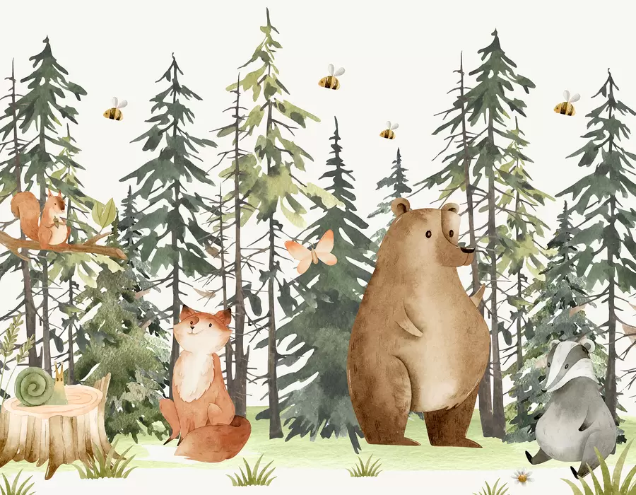 murais de parede Uma cena de floresta com animais e vários pinheiros ao fundo w00905