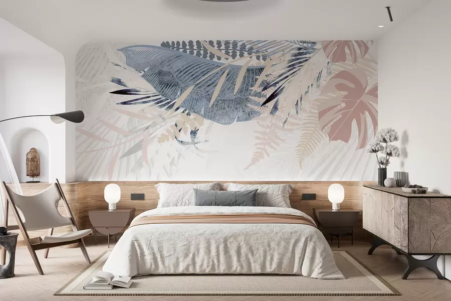 murais de parede Design botânico moderno padrão de folha de palmeira com textura tropical com vários tons de azul, cinza e rosa w00908
