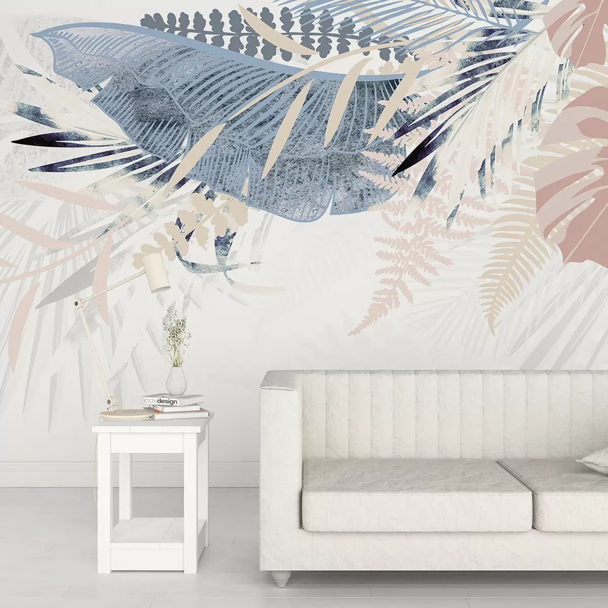 murais de parede Design botânico moderno padrão de folha de palmeira com textura tropical com vários tons de azul, cinza e rosa w00908