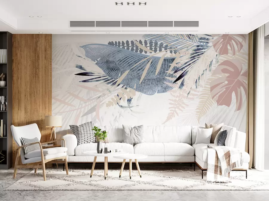 murais de parede Design botânico moderno padrão de folha de palmeira com textura tropical com vários tons de azul, cinza e rosa w00908