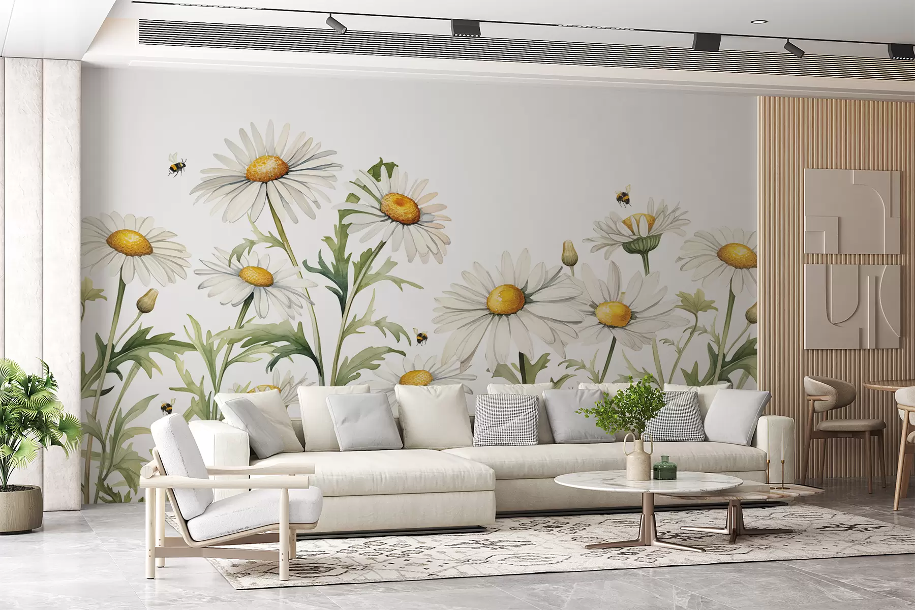 murais de parede Margaridas brancas florescendo, abelhas voando ilustração de planta aquarela, cor verde, branca, amarela w01176