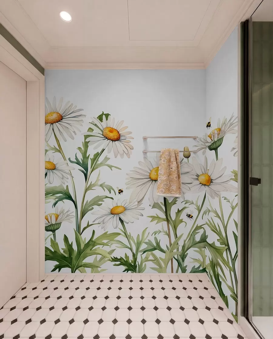 murais de parede Margaridas brancas florescendo, abelhas voando ilustração de planta aquarela, cor verde, branca, amarela w01176