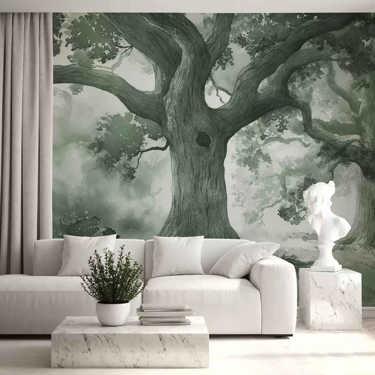 murais de parede Árvores pintadas em estilo vintage em tons verdes w01182v3