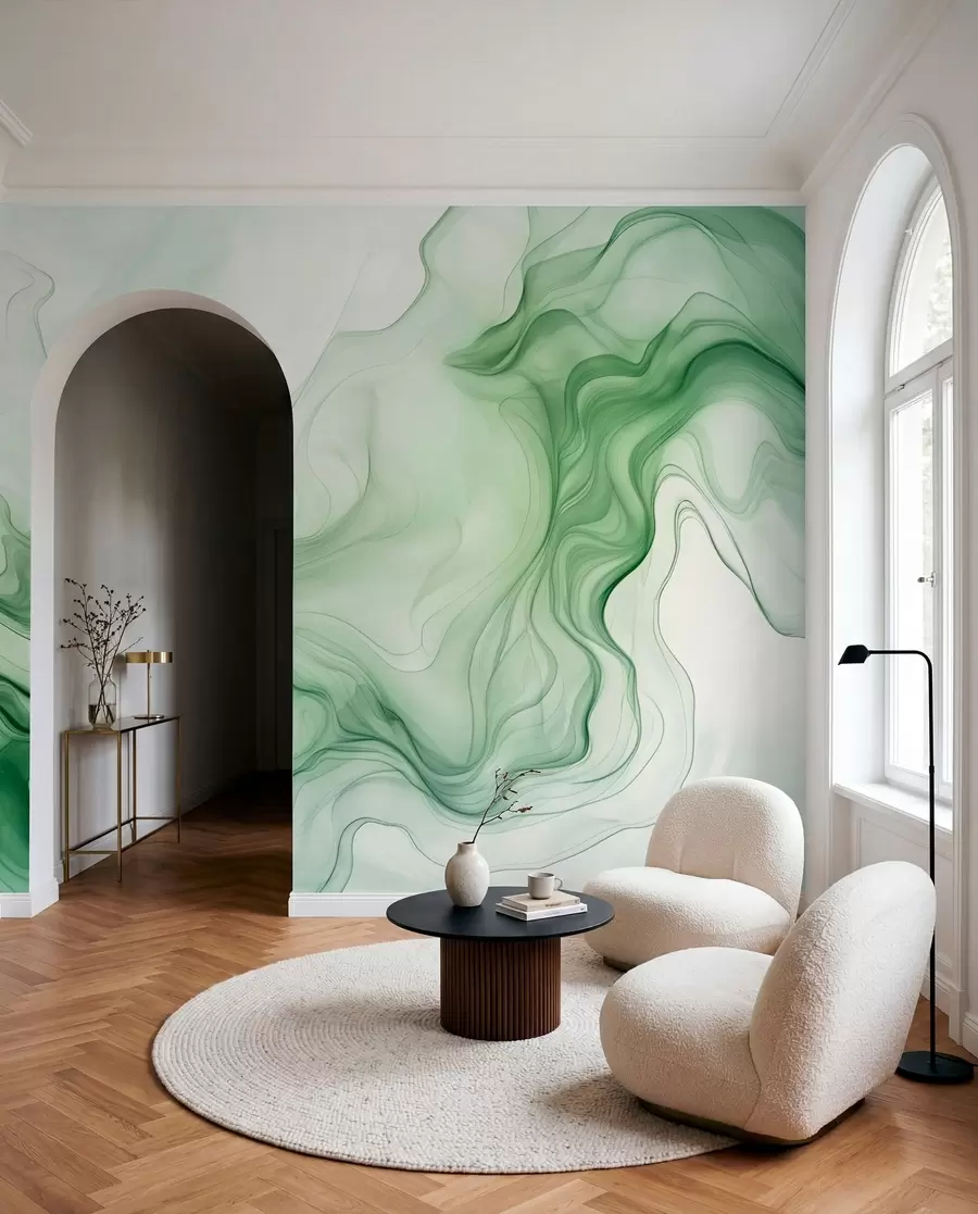 murais de parede Ondas abstratas verdes sobre um fundo claro w01185