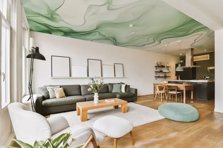 murais de parede Ondas abstratas verdes sobre um fundo claro w01185