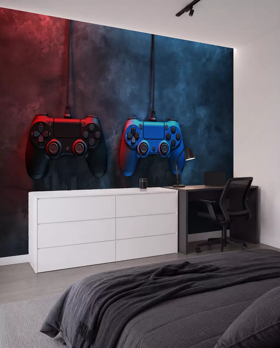 murais de parede DualShock preto e azul em um fundo escuro w01189