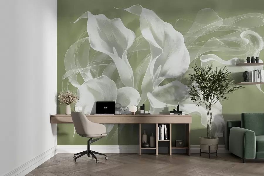 murais de parede flores abstratas com um véu sobre um fundo verde w01196v3