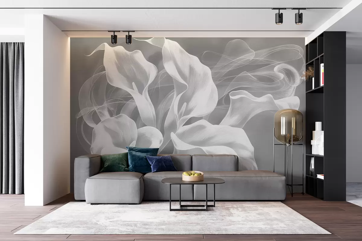 murais de parede flores abstratas com um véu em um fundo cinza w01196v4