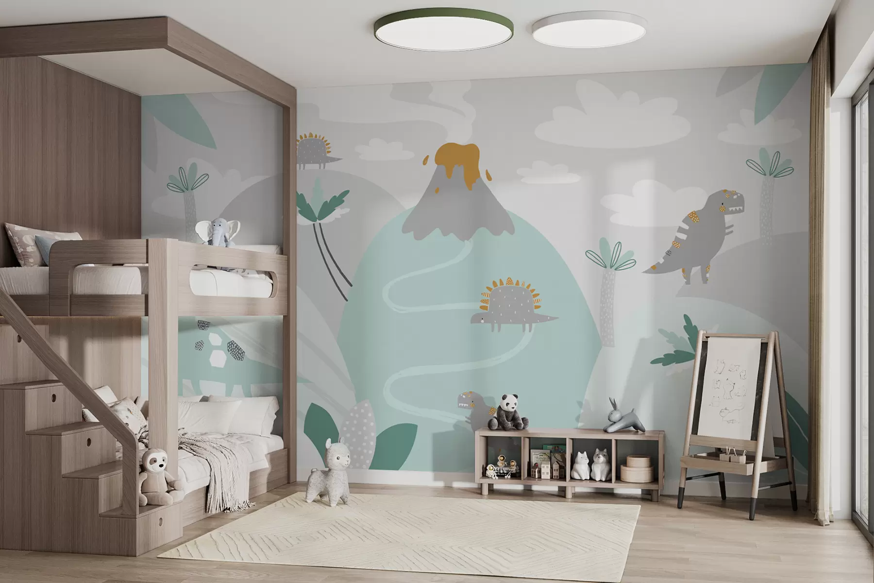 murais de parede montanhas, vulcão e dinossauros em tons azuis w00937