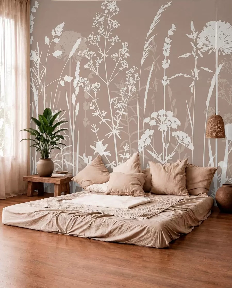 murais de parede Silhuetas florais sobre taupe w01270v3