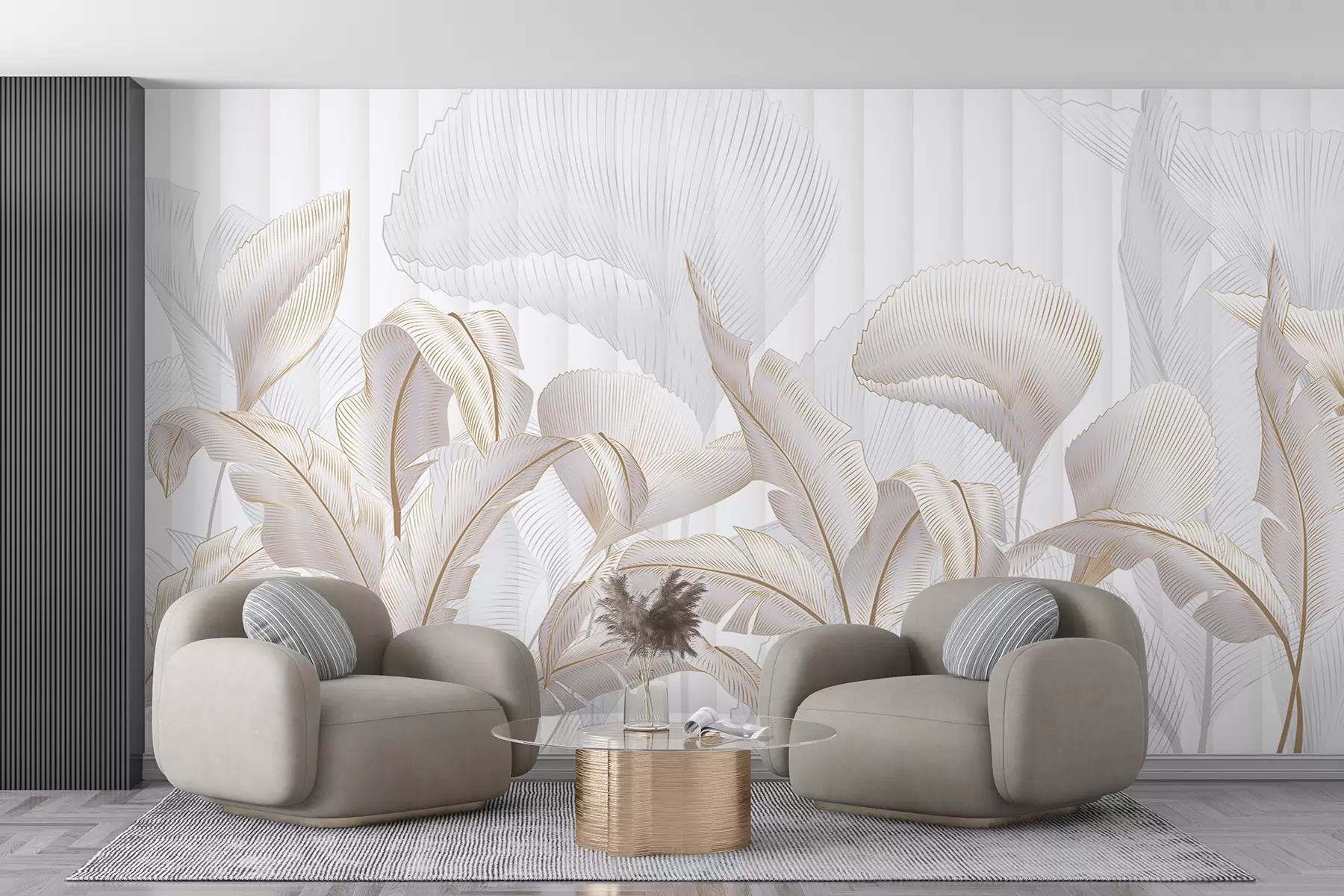 murais de parede Um grande plano de folhas tropicais num fundo branco, com um fundo texturado w01237