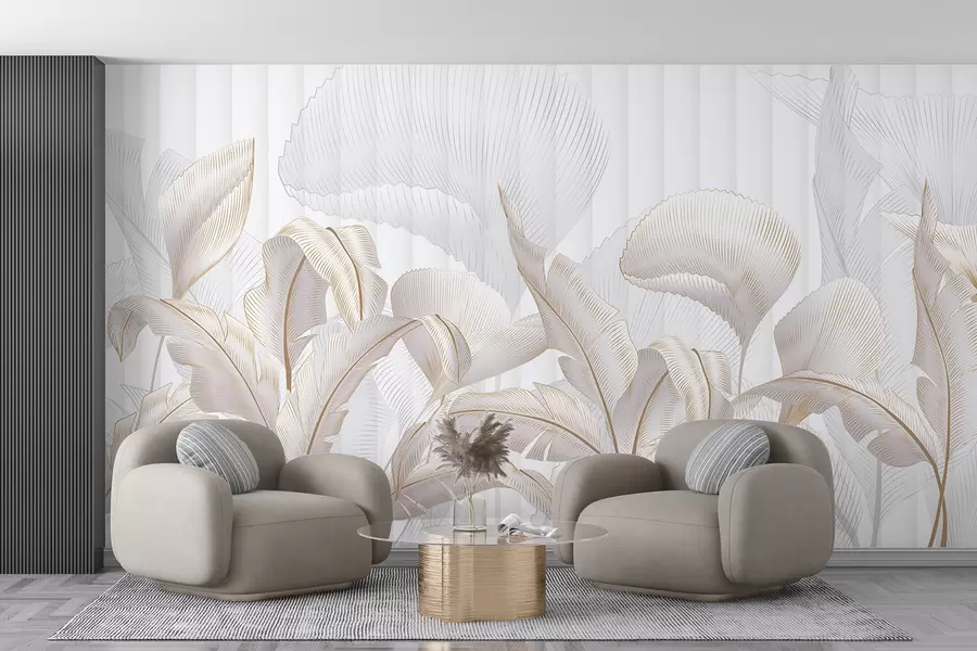 murais de parede Um grande plano de folhas tropicais num fundo branco, com um fundo texturado w01237