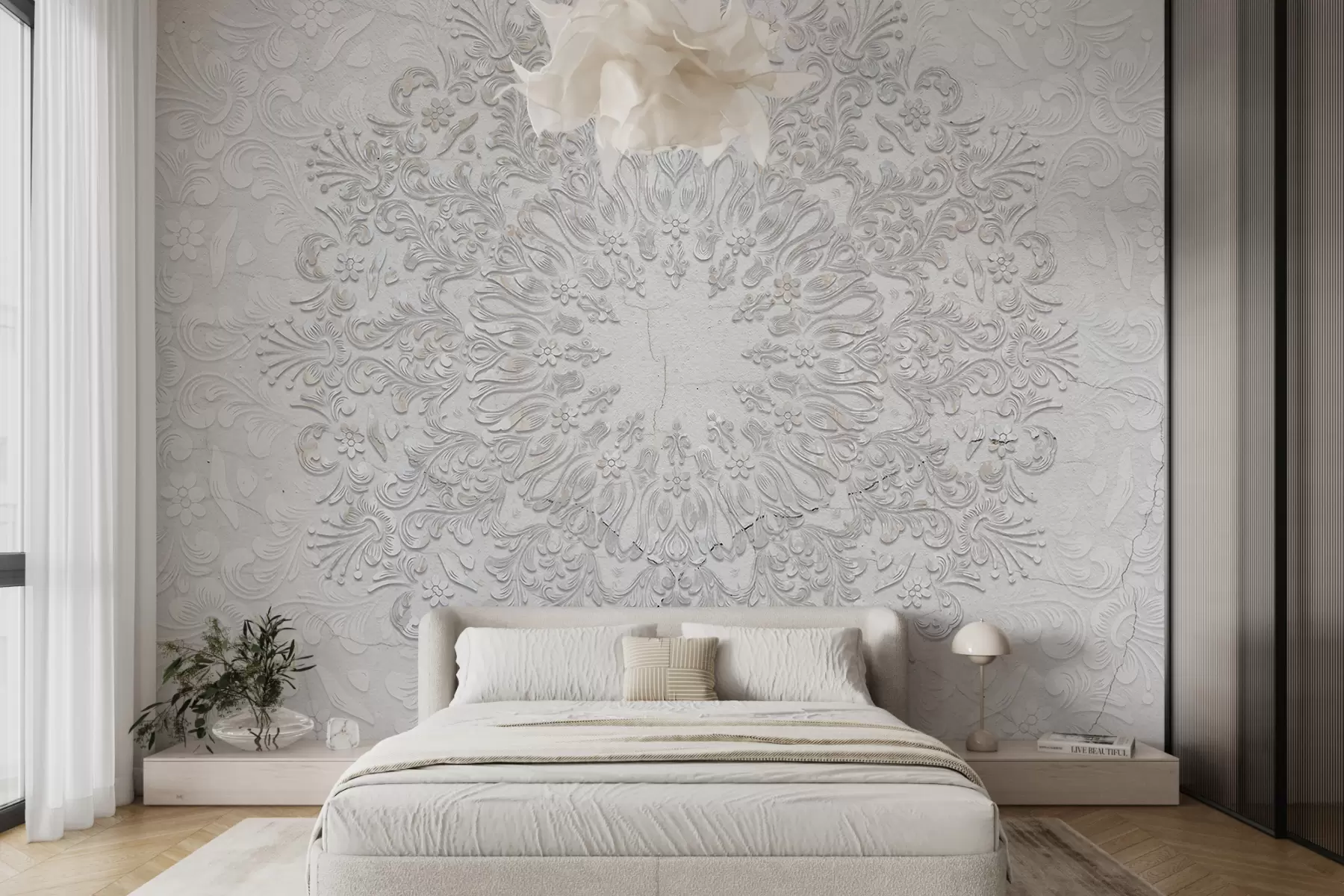 murais de parede Uma estampa de mandala altamente detalhada criando um lindo e delicado design de renda w01249