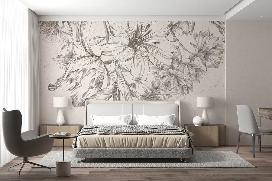murais de parede Um esboço em preto e branco crescendo com impressão gráfica de flores grandes  w01253