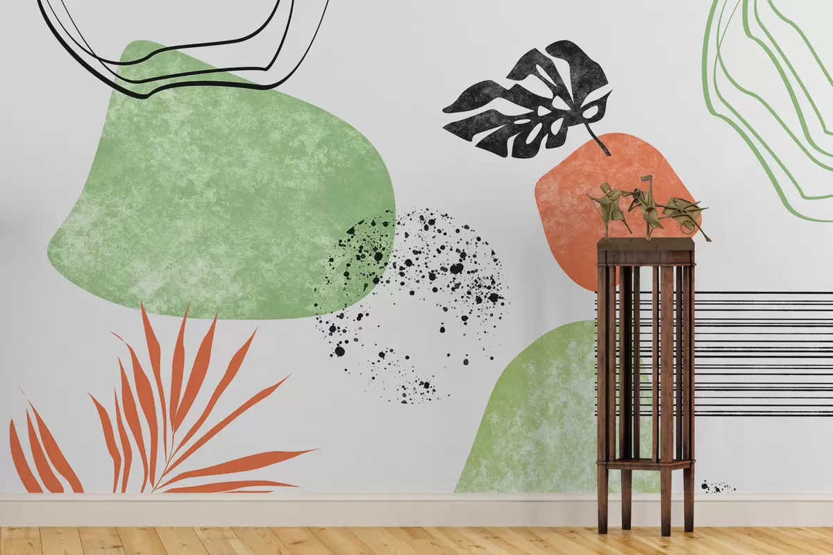 murais de parede Abstração Boho, manchas de textura, linhas curvas, folhas tropicais, manchas de tinta, cor preta, verde e vermelha w01298