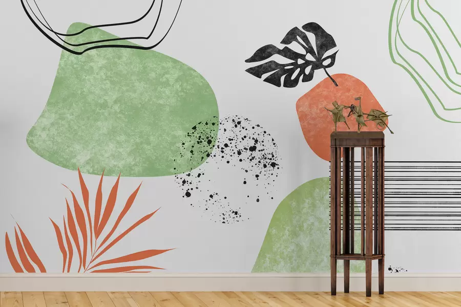 murais de parede Abstração Boho, manchas de textura, linhas curvas, folhas tropicais, manchas de tinta, cor preta, verde e vermelha w01298