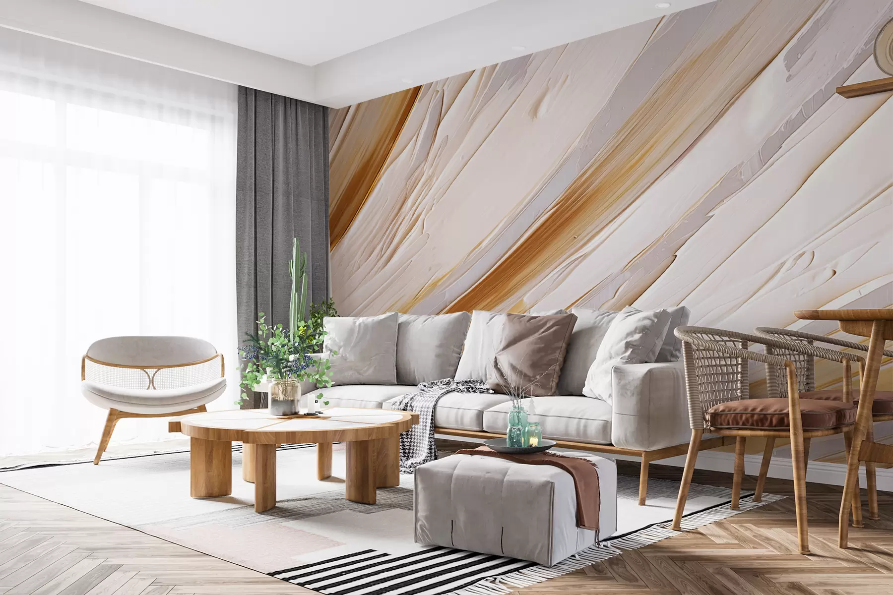 murais de parede Grandes pinceladas de tinta, parte ampliada de uma folha tropical, abstração, cor bege e laranja w01300