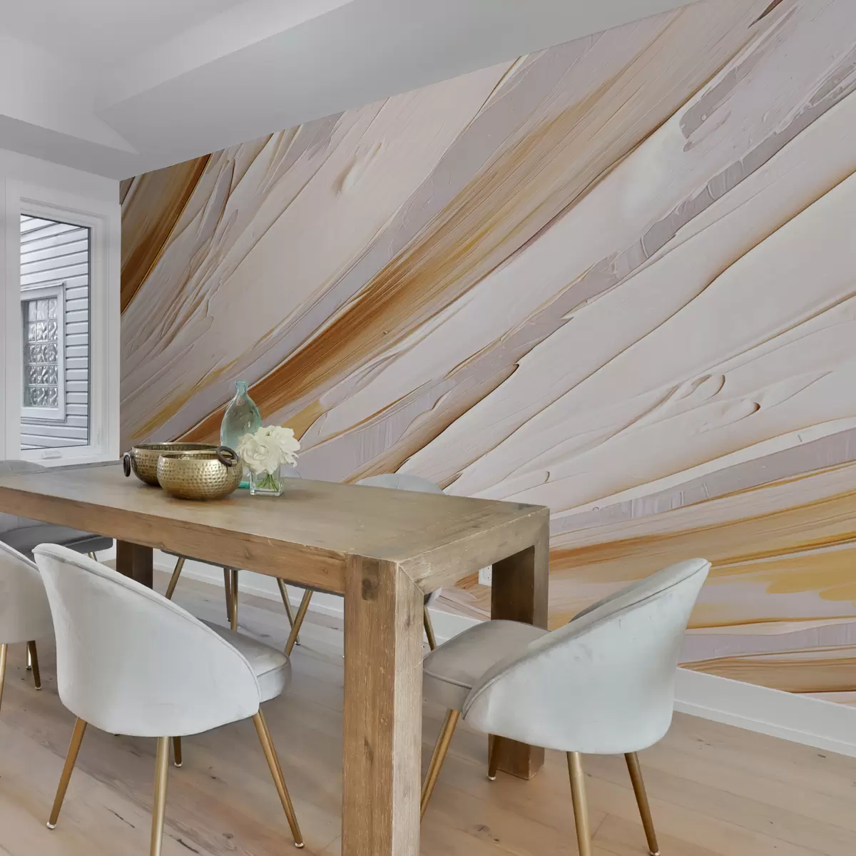 murais de parede Grandes pinceladas de tinta, parte ampliada de uma folha tropical, abstração, cor bege e laranja w01300