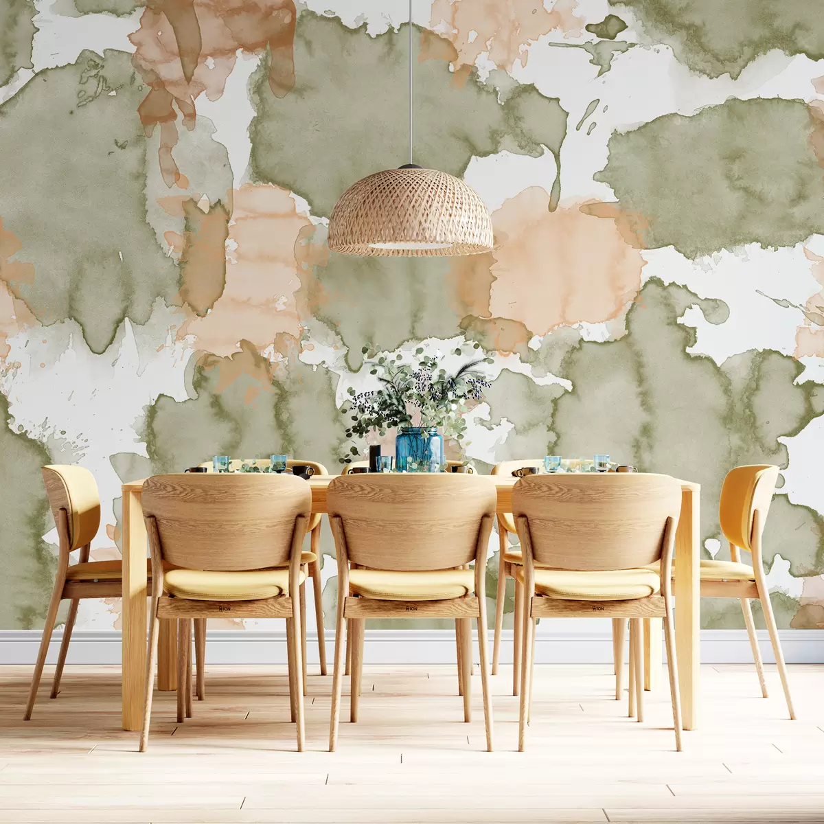 murais de parede Abstração de aquarela, desenho padrão, cores verdes e bege naturais w01284v1