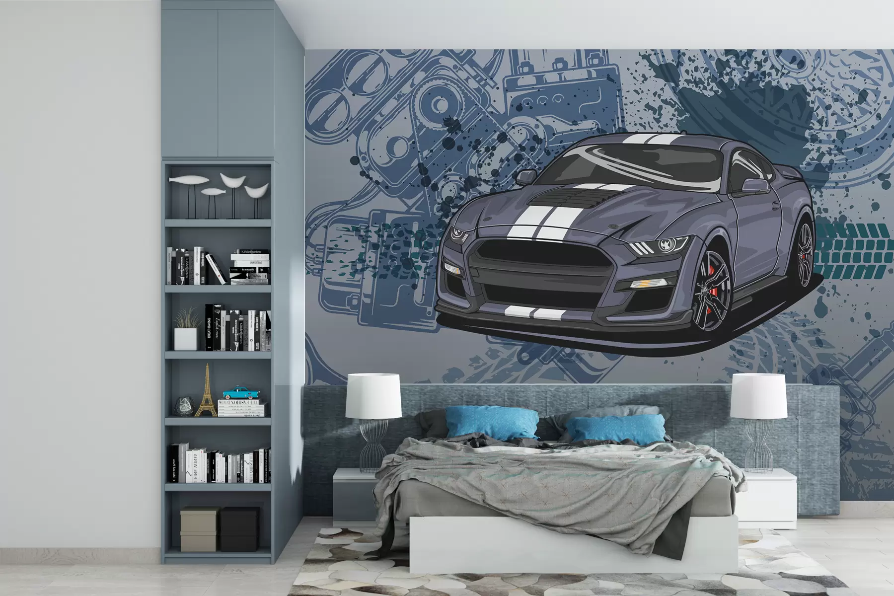 murais de parede Papel de parede infantil para adolescente com carro e letras gráficas em azul w01218