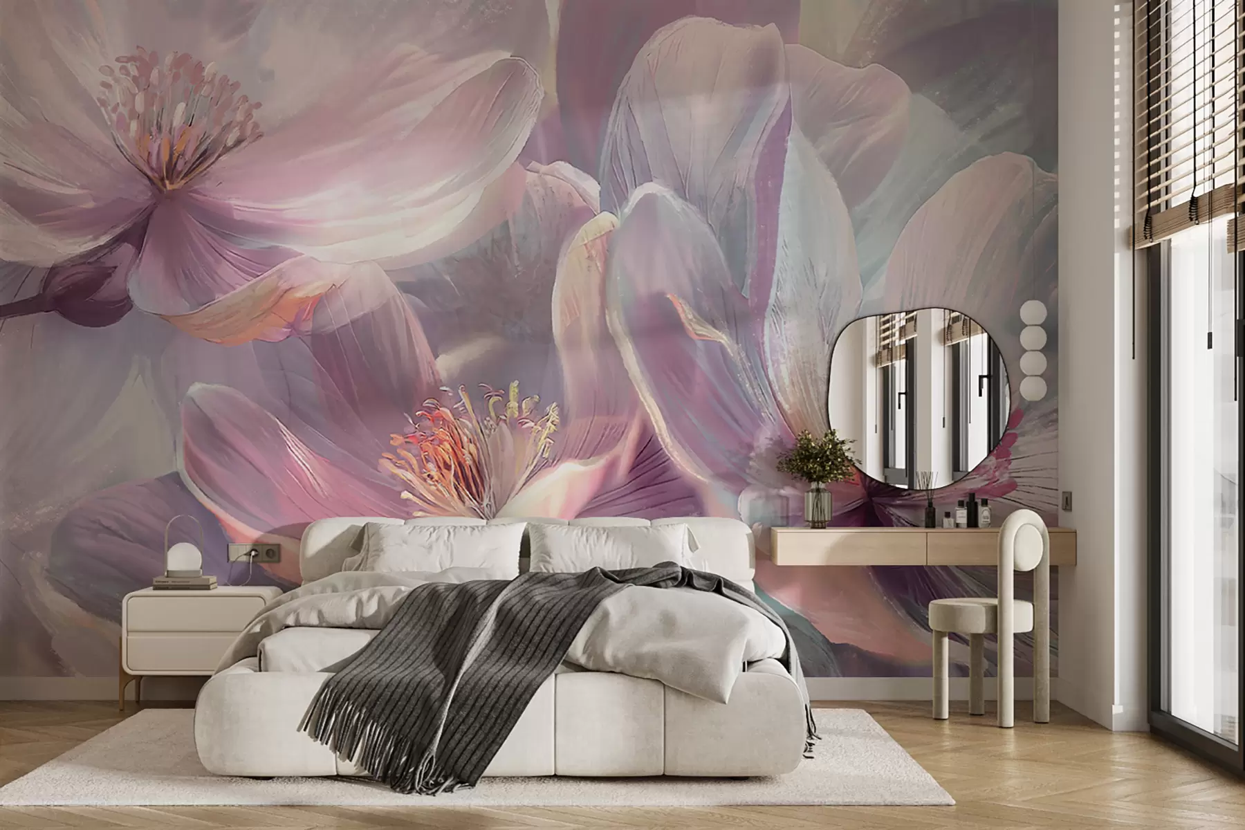 murais de parede Delicadas flores pastel transparentes, rosa claro, rosa e brancas, com fundo macio e desfocado w01307
