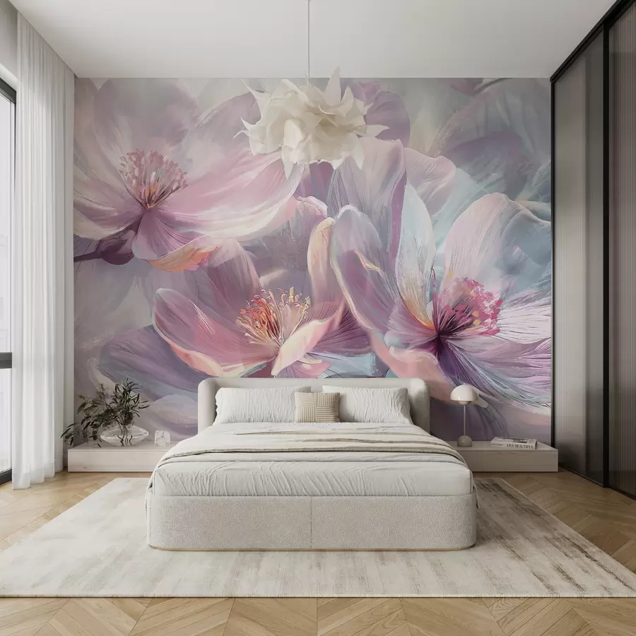 murais de parede Delicadas flores pastel transparentes, rosa claro, rosa e brancas, com fundo macio e desfocado w01307