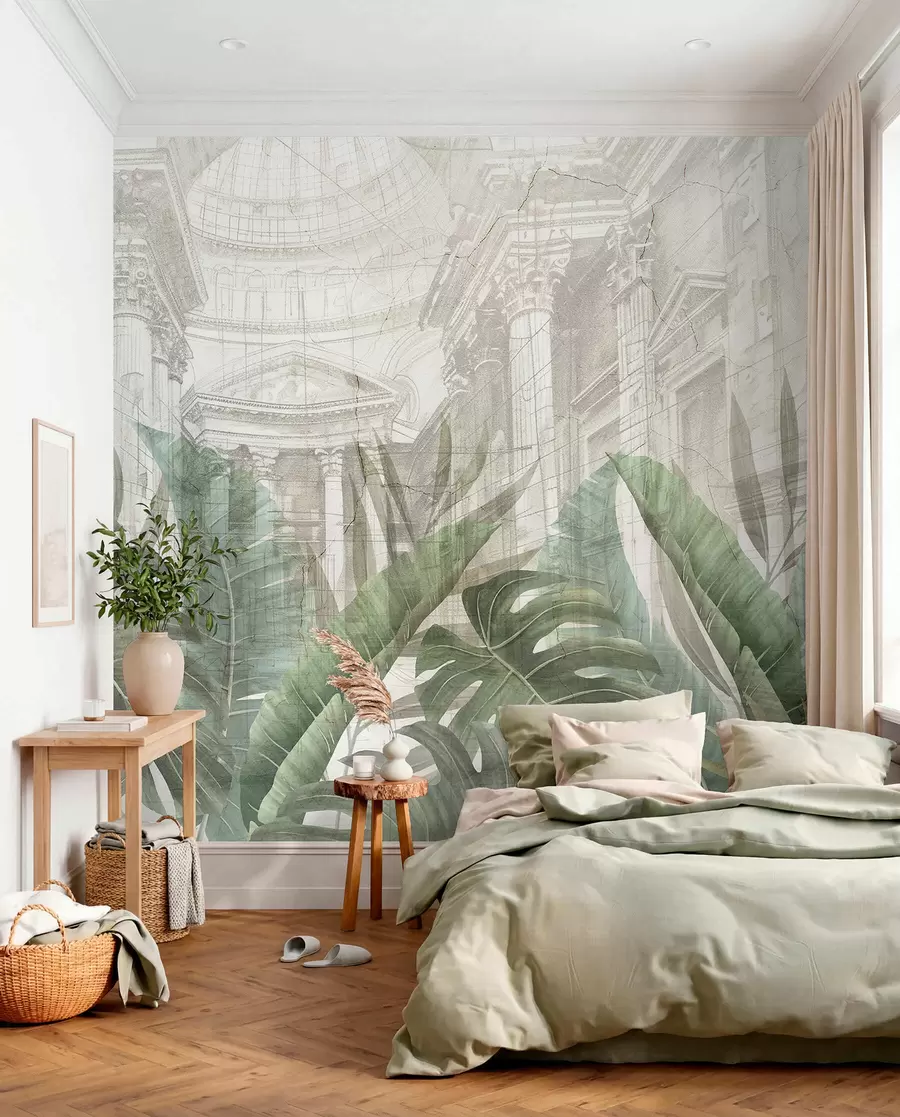 murais de parede Um grande desenho de colunas arquitetônicas de mármore ornamentadas e exuberantes plantas verdes tropicais  w01311