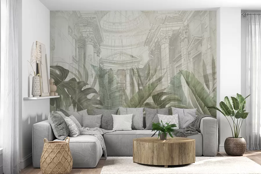 murais de parede Um grande desenho de colunas arquitetônicas de mármore ornamentadas e exuberantes plantas verdes tropicais  w01311