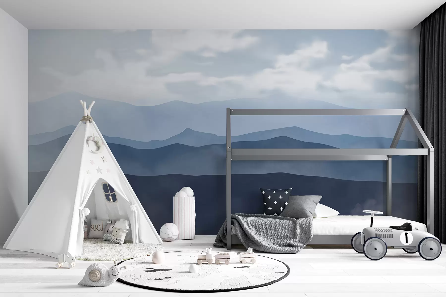 murais de parede Paisagem montanhosa minimalista enevoada com colinas e céu nublado w01317