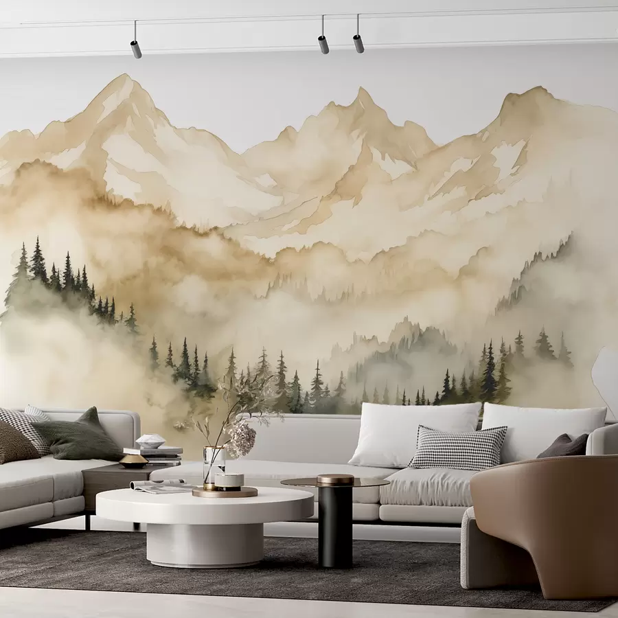 murais de parede Floresta em neblina ao pé das montanhas rochosas bege aquarela ilustração w07884