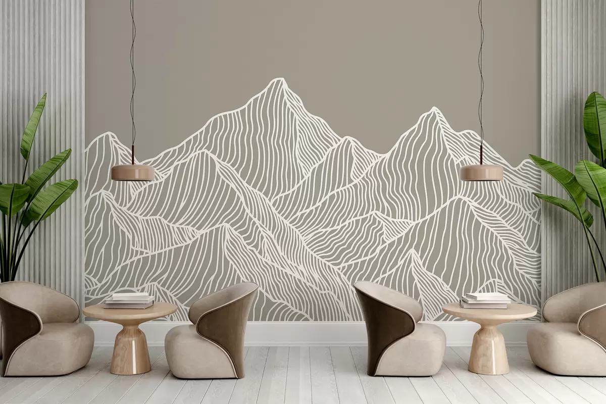 murais de parede Montanhas lineares de cor branca sobre fundo bege w01214v2