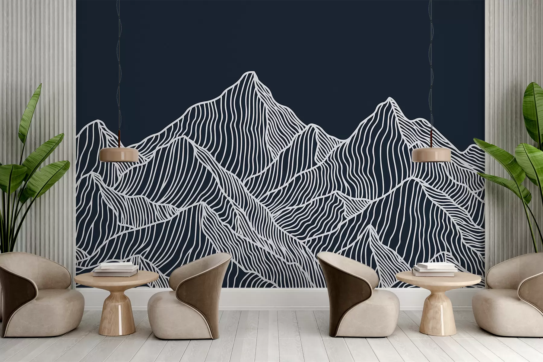 murais de parede Montanhas brancas lineares sobre um fundo azul w01214v3