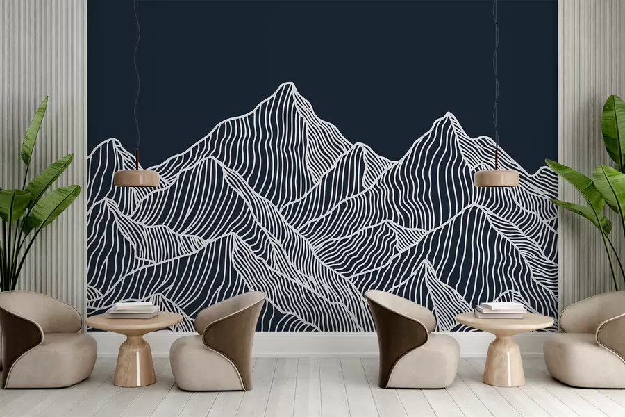 murais de parede Montanhas brancas lineares sobre um fundo azul w01214v3
