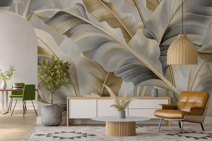 murais de parede luxuosas folhas grandes de bananeira em tons de bege acinzentado w07876