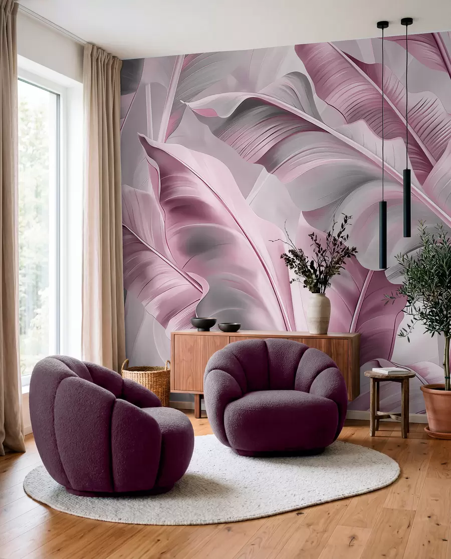 murais de parede luxuosas folhas grandes de bananeira em tons de cinza rosado w07876v2