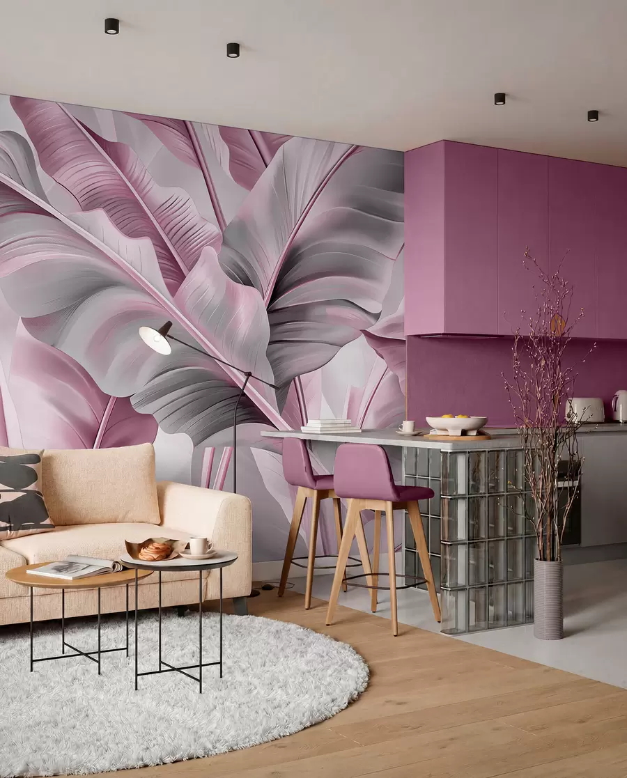 murais de parede luxuosas folhas grandes de bananeira em tons de cinza rosado w07876v2