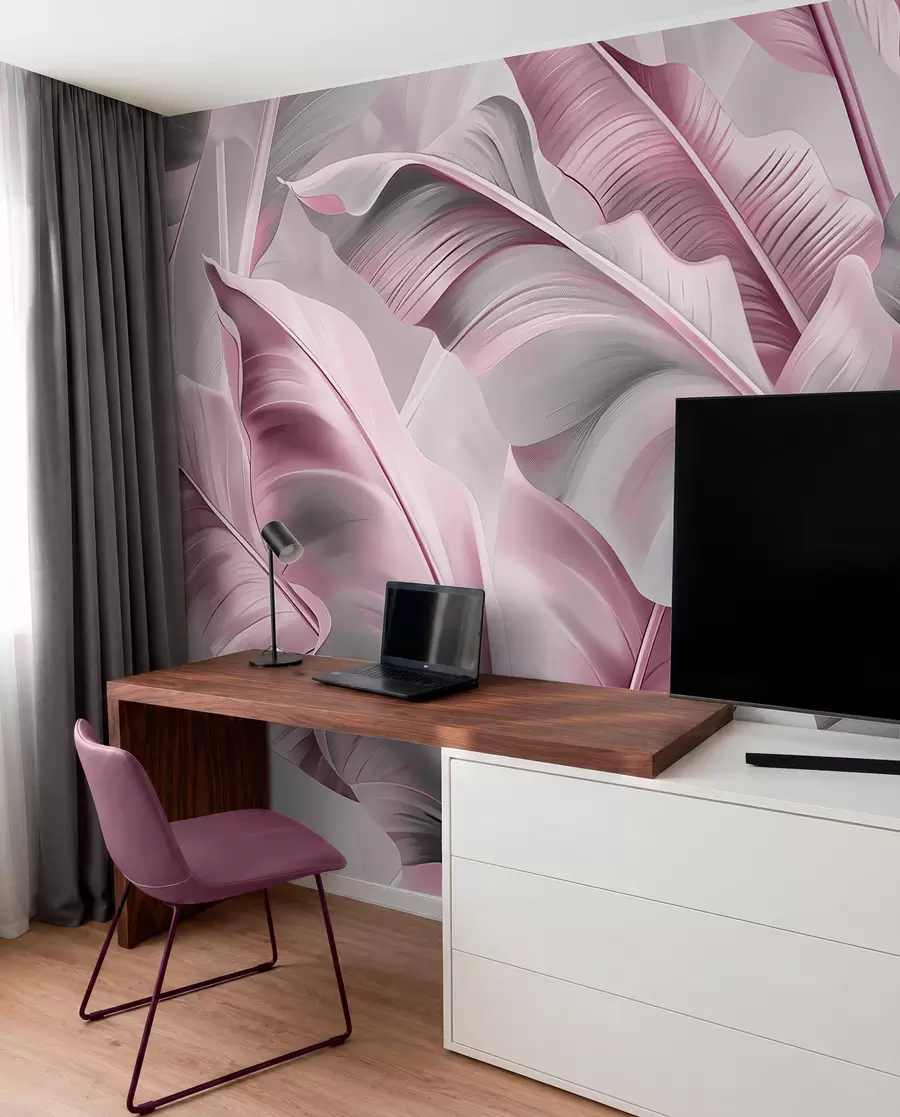 murais de parede luxuosas folhas grandes de bananeira em tons de cinza rosado w07876v2