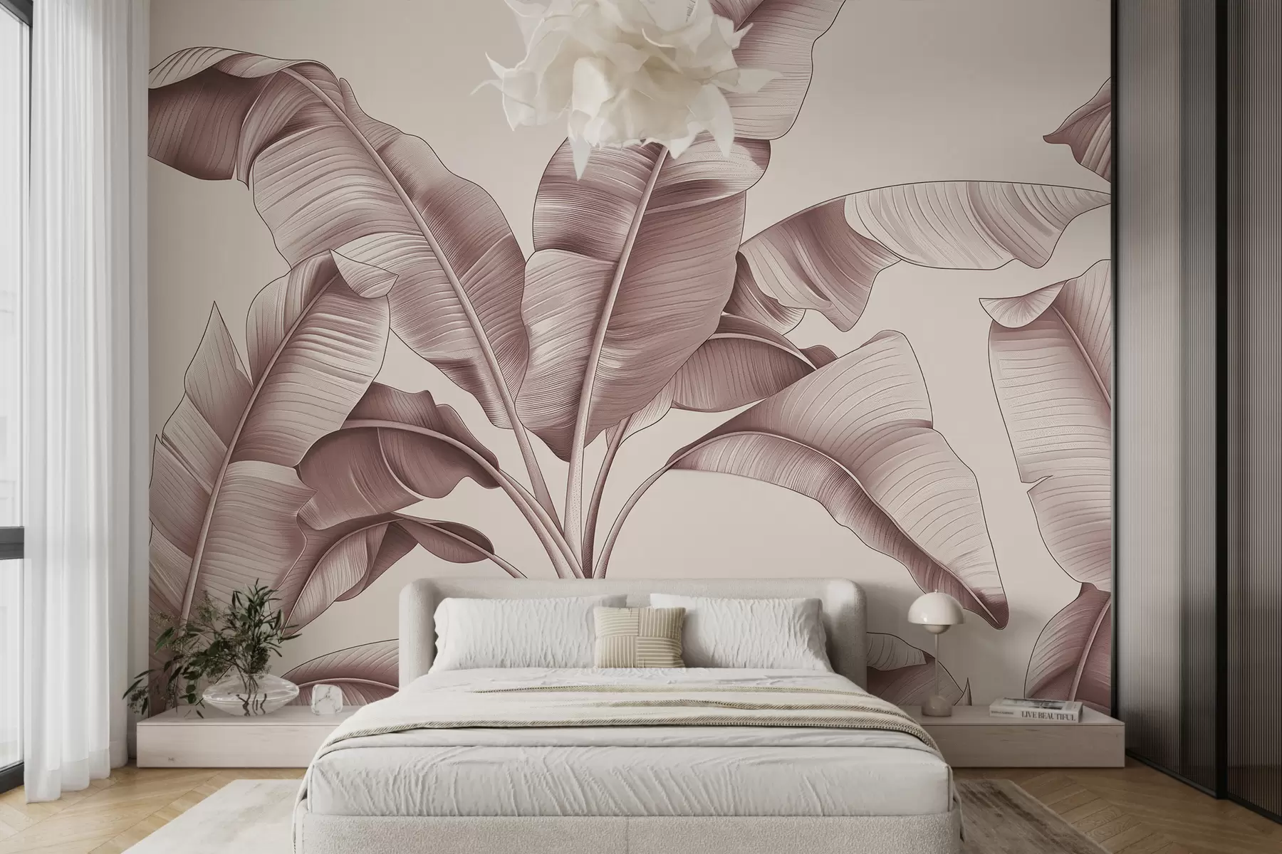 murais de parede desenhado grandes folhas de bananeira em rosa pastel w07877v1