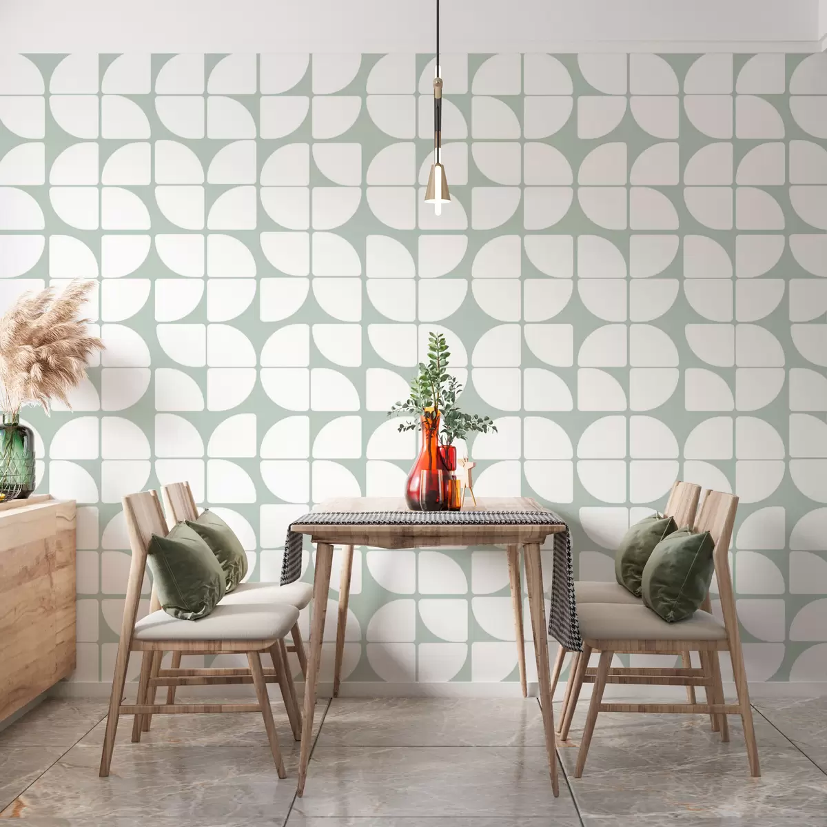 murais de parede Papel de parede geométrico estilo bauhaus tendência retrô na cor verde escuro w07907v2