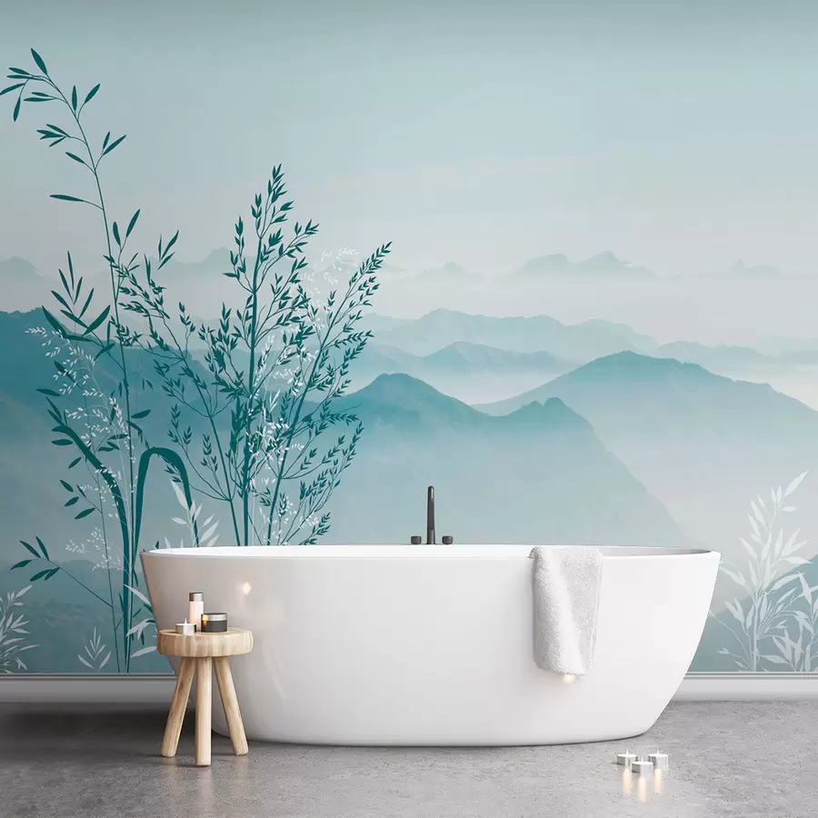 murais de parede Vista para a montanha com plantas e flores w07910