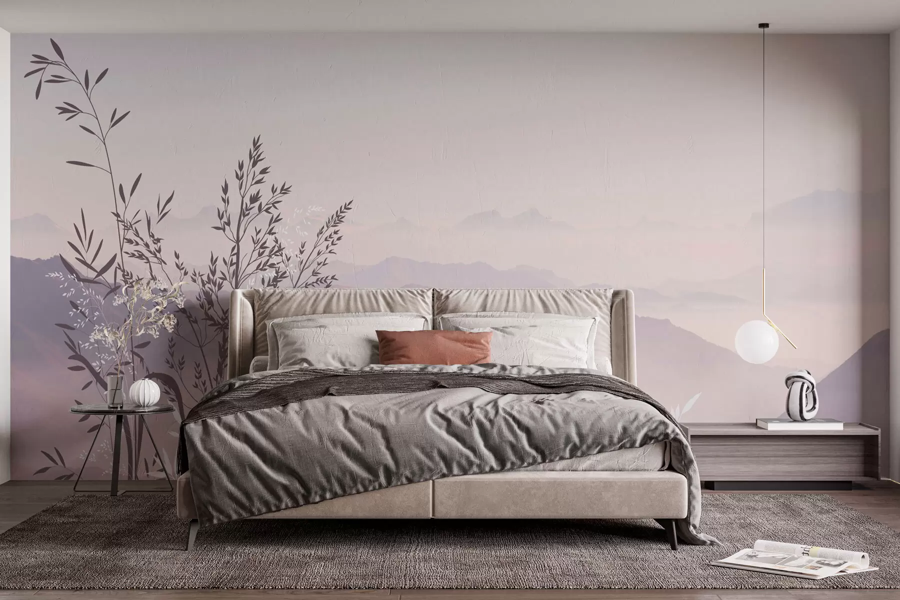 murais de parede Vista para a montanha com plantas e flores w07910v2