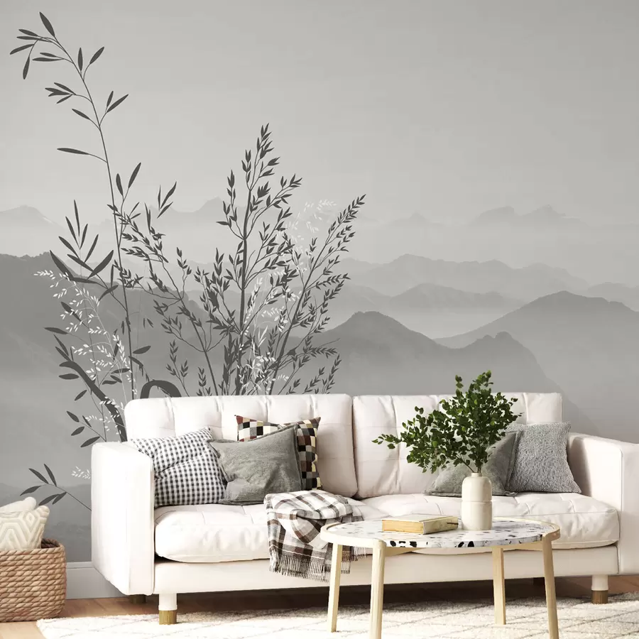 murais de parede Vista para a montanha com plantas e flores de cor cinza w07910v3