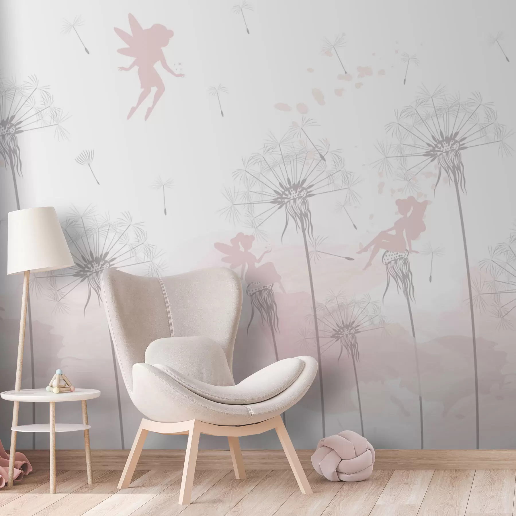 murais de parede Fadas mágicas em dentes de leão e flores silvestres estilo escandinavo para meninas cor rosa w07913