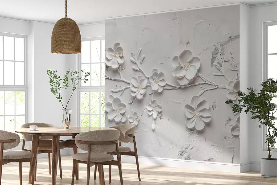 murais de parede Fundo texturizado branco com flores brancas 3D em plena floração, conectadas por galhos, minimalistas e elegantes w01226
