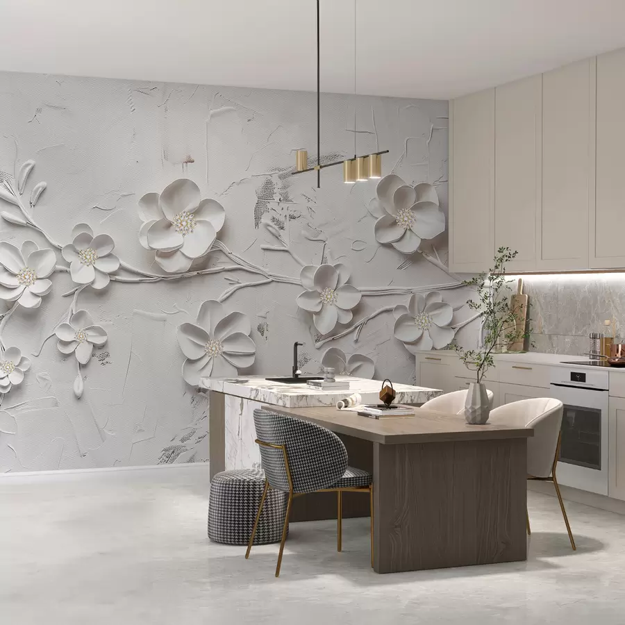 murais de parede Fundo texturizado branco com flores brancas 3D em plena floração, conectadas por galhos, minimalistas e elegantes w01226