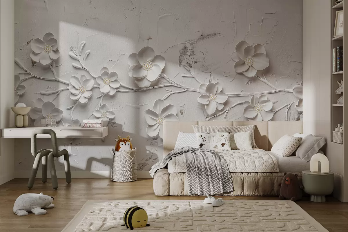 murais de parede Fundo texturizado branco com flores brancas 3D em plena floração, conectadas por galhos, minimalistas e elegantes w01226