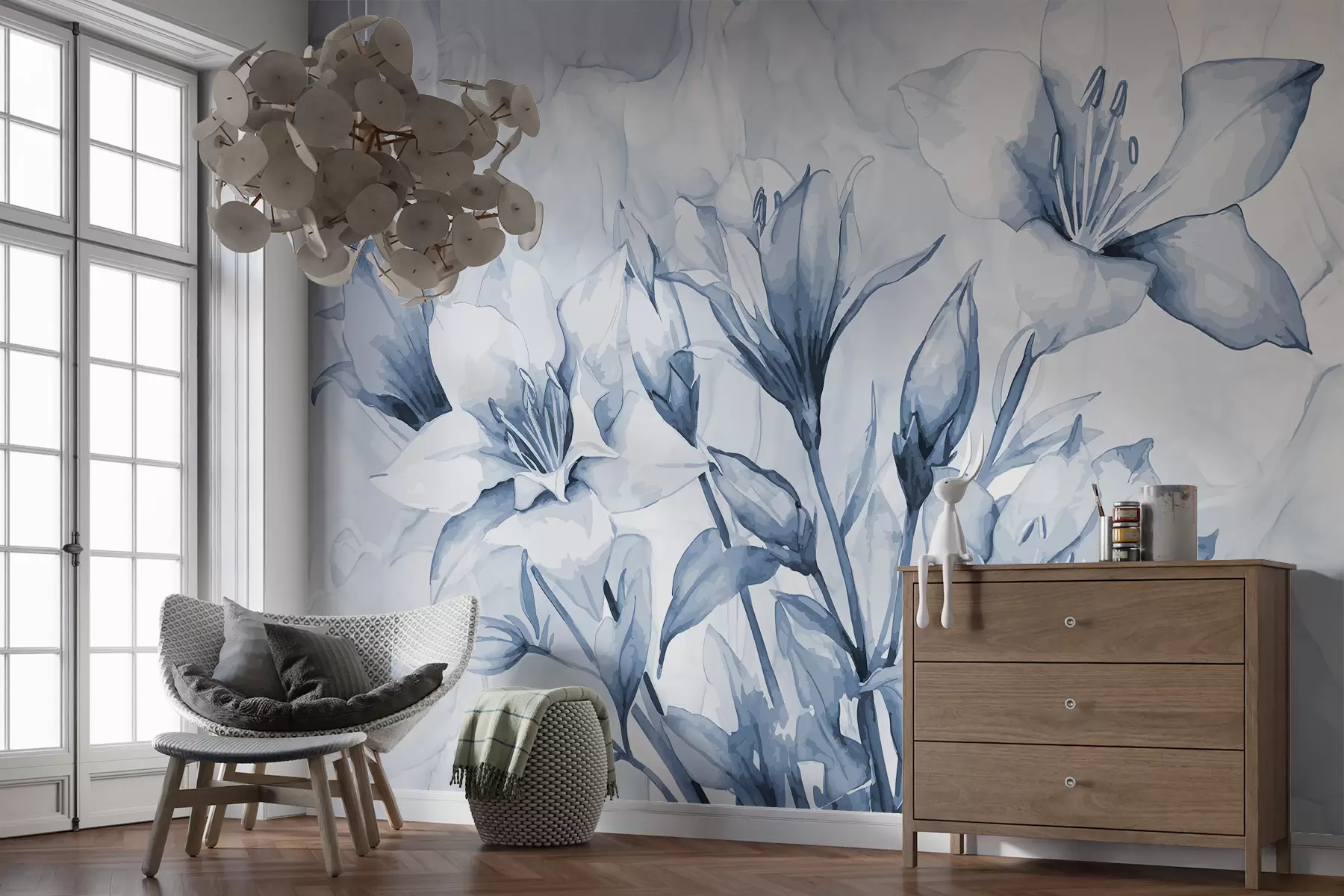 murais de parede Flores azuis sobre fundo azul w07897