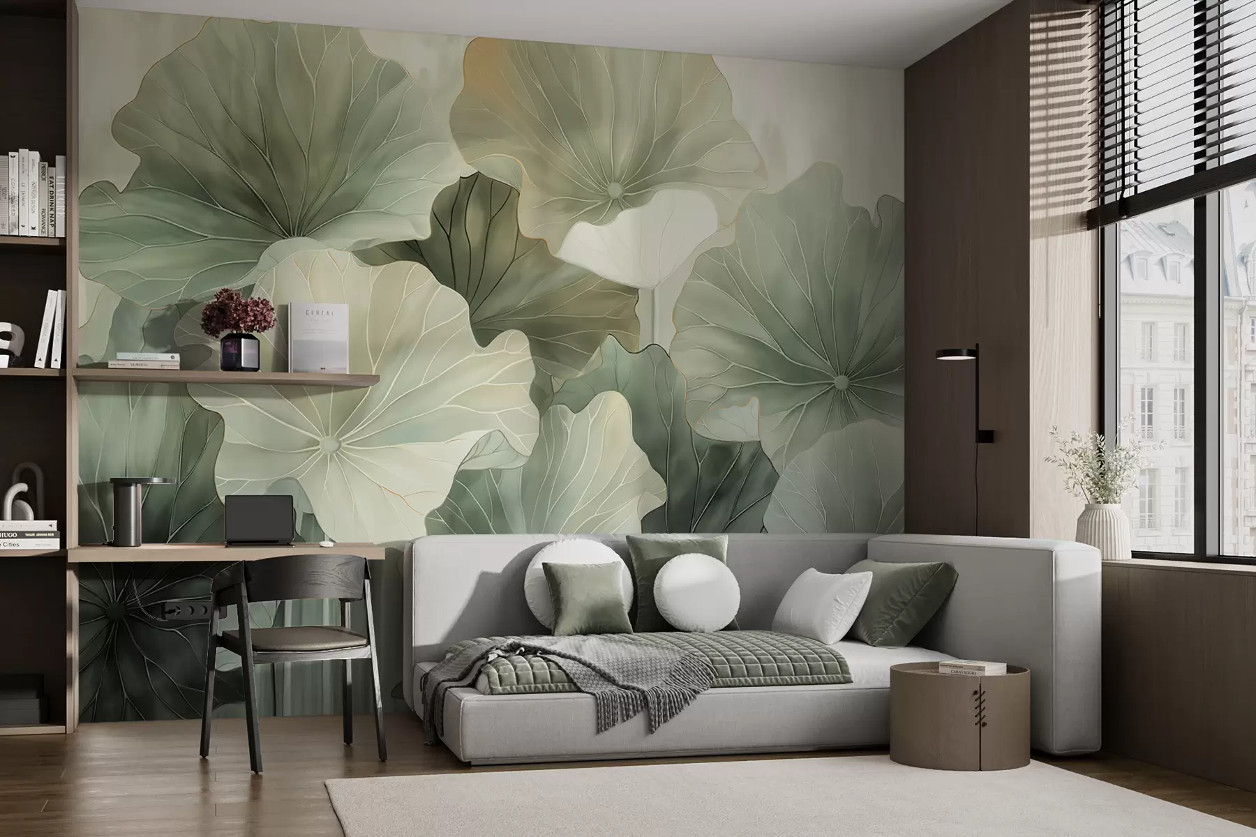 murais de parede Grandes folhas de lótus são pintadas com aquarelas w07938v1