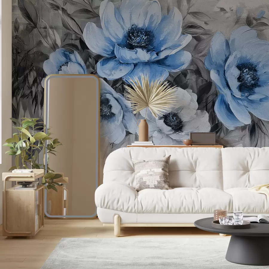 murais de parede aquarela de peônias florais abstratas azul suave e cinza w07948v1